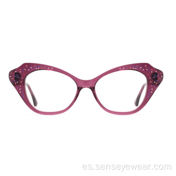 Mujeres Rhinestone Diamond Acetate Marco óptico Gafas